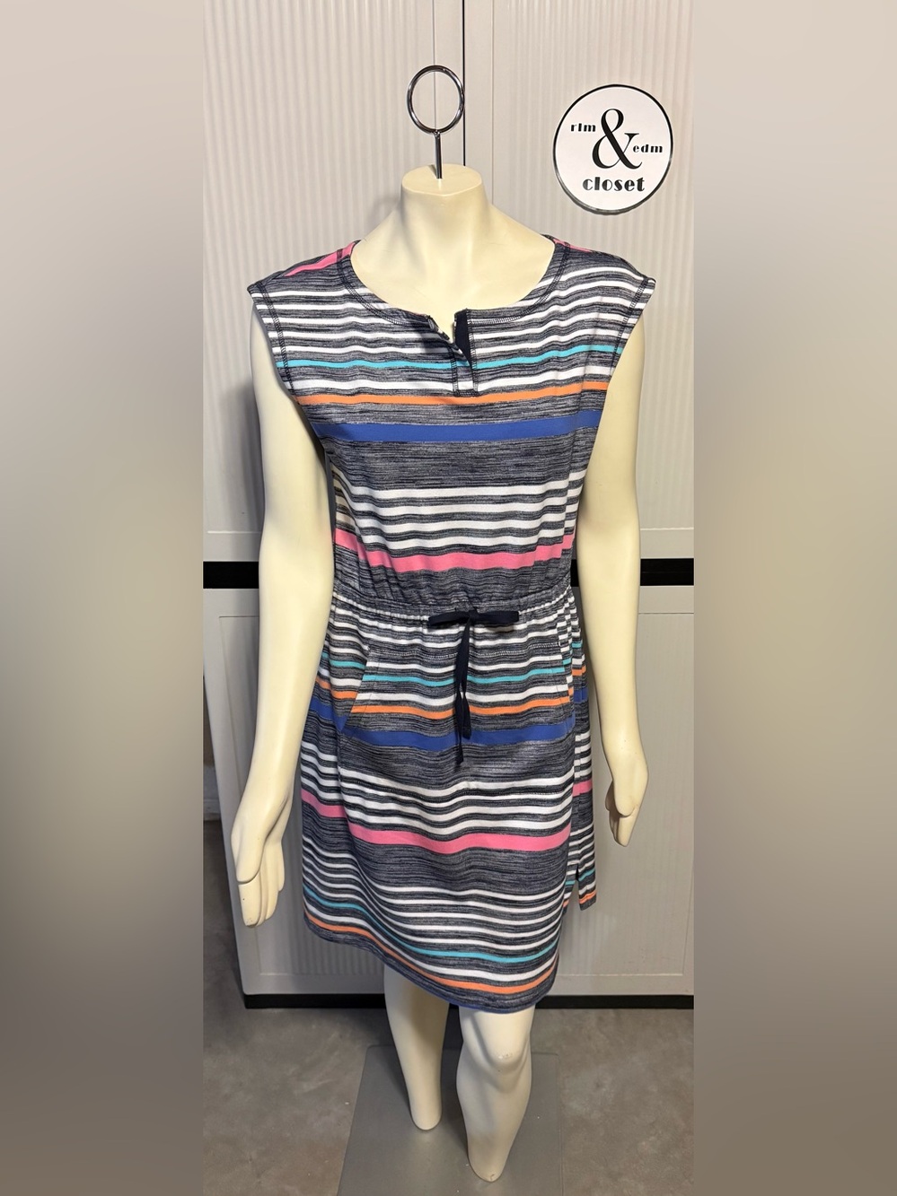 Talbots Striped Knit Drawstring Waist Dress in Blue, Orange, Aqua, Pink, White